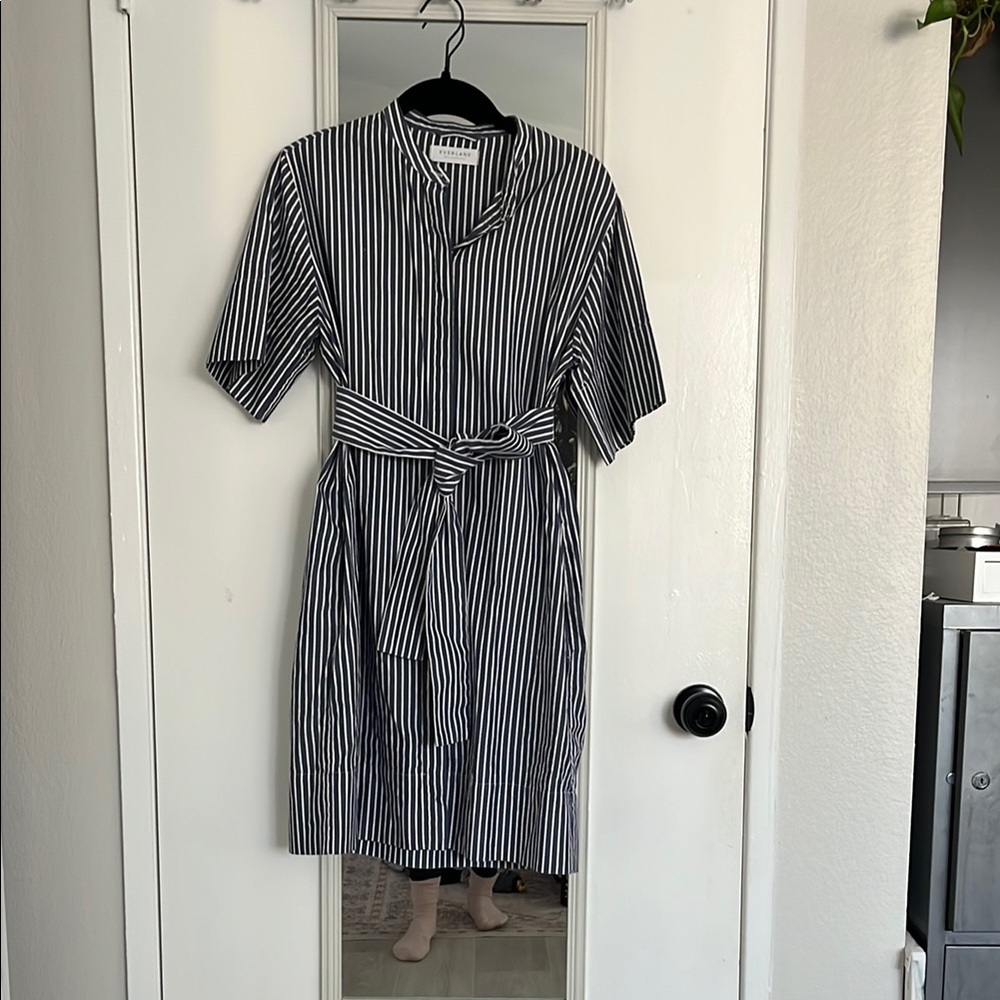 Striped Blue and White Everlane Button-up Shirt Dress with Pockets